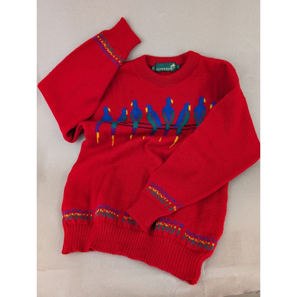 Vintage Jumpers Wool Parrot Sweater Mens M Novelty Macaw Bird Red Intarsia Knit